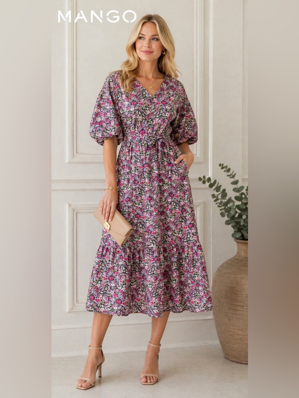 🛍️SALE🛍️ MANGO Floral Midi Dress with Belt - Pink & Green